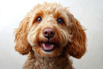 Fototapeta premium close-up portrait of a happy curly-haired golden dog with big dark eyes and an open mouth showing teeth against a neutral background