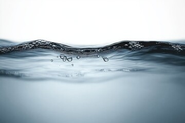 Close-up of clear water surface with floating bubbles in soft natural light conveying freshness and tranquility
