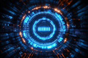 futuristic glowing blue digital interface with concentric circular data patterns and numeric display in center emitting light streaks and sparks