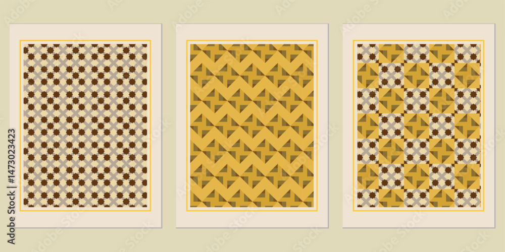 Poster artistic display of coordinated geometric pattern prints evoking retro nostalgia with warm color pal