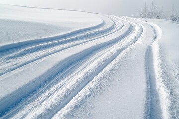 Fresh snow covered ground with multiple curved tire tracks creating dynamic patterns under a soft winter light