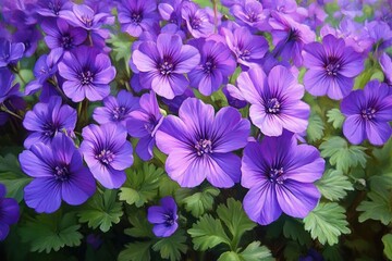 Close-up of vibrant purple flowers with lush green leaves creating a dense and lively natural display