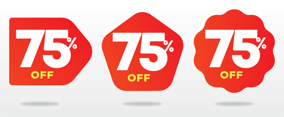 75% off. Commerce, advertising, discount, promo, marketing, price, shape, shop. Market, offer, sticker, day, sale, value. Icon, vector, tag, set