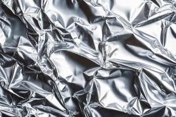 Close-up of crumpled and reflective silver metallic foil with shiny, textured surface displaying folds and creases