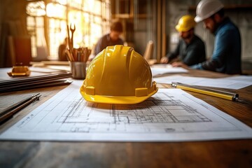Yellow construction helmet placed on architectural blueprints with engineers working and discussing plans in background during warm daylight