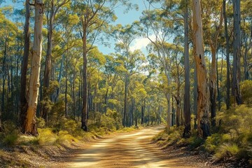 Fototapeta premium Sunlit dirt road winding through a dense forest of tall eucalyptus trees with lush green undergrowth under a clear blue sky