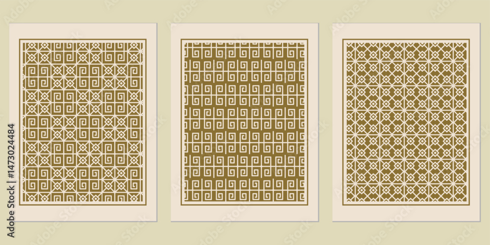 Poster elegant triptych featuring intricate labyrinthine geometric patterns that evoke ancient motifs and t