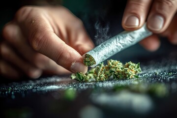 Close-up of hands rolling a smoking joint filled with cannabis buds on a dark surface with scattered marijuana pieces