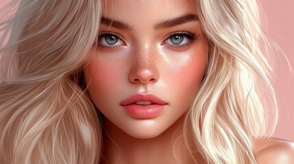 A stunning close-up portrait of a young woman with glowing skin, blonde hair, and captivating blue eyes.