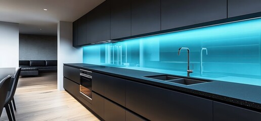 Modern kitchen interior with sleek black cabinetry, built-in oven, dual sink with chrome faucet, bright blue glass backsplash, and minimalistic dining area with black chairs