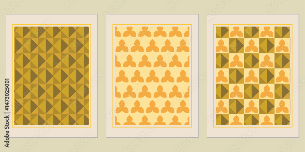 Poster retro-inspired golden patterned geometric posters with triangular and cloverleaf shapes in vintage f