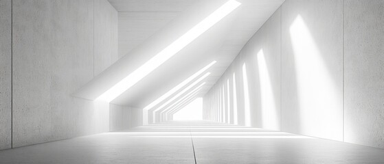 Minimalist modern corridor with angled ceiling windows casting bright natural light and shadows on white concrete walls and floor