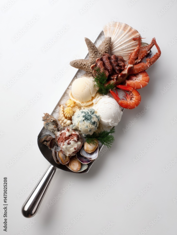 Poster Seafood Displayed in an Elegant Ice Cream Scoop Style on a Clean Background for a Fresh and Inviting Culinary Experience
