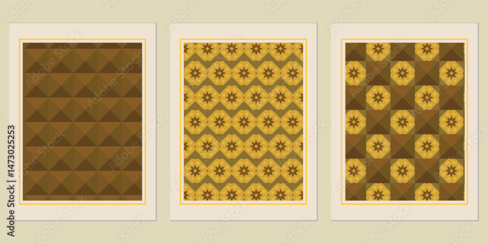 Poster geometric harmony: a triptych showcasing diverse abstract patterns, blending rustic browns and subdu