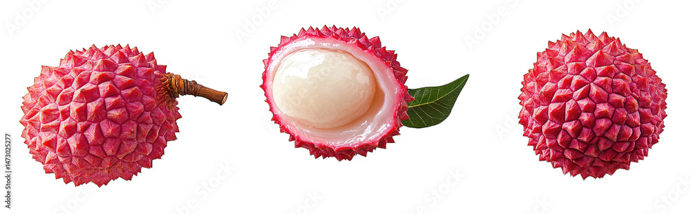 Poster three lychees one whole one cut in half and one with a leaf the lychees are red with a rough bumpy t