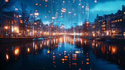 Fototapeta premium Amsterdam cityscape illuminated with abstract data streams reflected in water. [Digital Relics] | Data Spire | compressed signal. Illustration