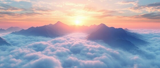 Sunrise over a mountain range with peaks emerging through a dense sea of clouds under a colorful sky