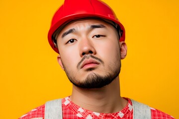 Fototapeta premium Serious Asian Man Construction Worker Red Helmet Portrait