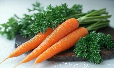 Fresh orange carrots with green leafy tops and parsley on a wooden cutting board