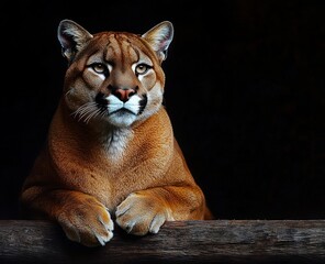 Obraz premium Majestic large cougar resting its paws on a wooden log with focused calm expression against a dark background