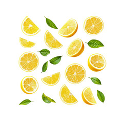Vibrant Lemon Slices and Leaves Falling on Transparent Background