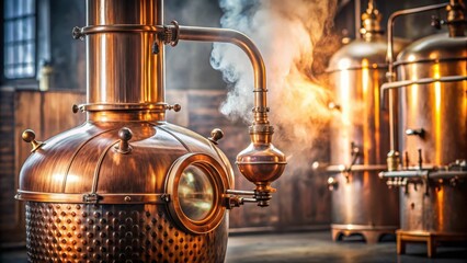 Distilled copper pot still with intricate patterns and tubing, brewing, mystic, brewing, mystic, metal,copper, distillation