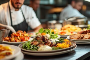 Chef preparing plates with grilled meat, fresh greens, sauces, roasted vegetables, and various dishes in a busy professional kitchen