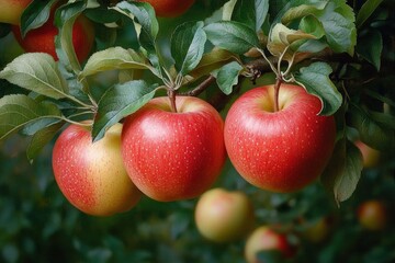 Close up of ripe red apples hanging on branches with green leaves in an orchard under natural light