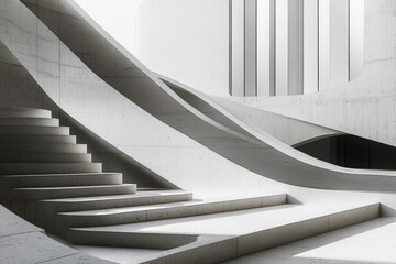 minimalist architectural interior with flowing curved concrete ramps and wide steps under natural light