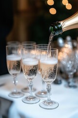 Close-up of sparkling drink being poured into elegant flute glasses on a white tablecloth with soft warm lighting creating a celebratory atmosphere