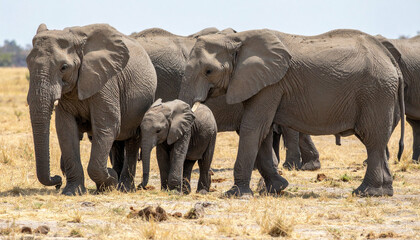 Fototapeta premium Elephant family strolls across dry grassy plains under a clear sky, with a baby in the middle