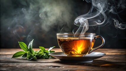 Steaming cup of tea leaves releasing aromatic oils into hot water, steeping, brewing,  steeping, brewing