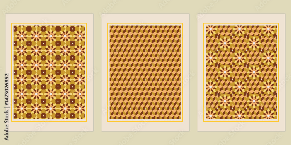 Poster triptych of geometric patterns framed with a subtle warmth, offering versatile graphic elements for 