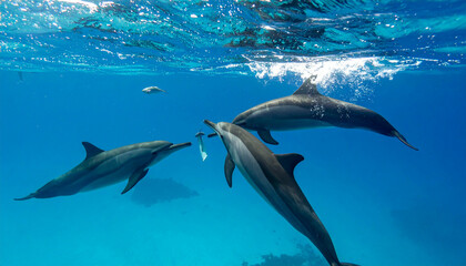 Fototapeta premium Dolphins swim in clear, blue ocean water; one carries white object, possibly trash
