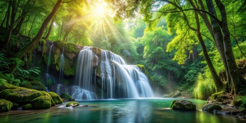 Obraz premium Waterfall in a lush forest with sunlight filtering through the trees , wilderness, greenery, wilderness, greenery