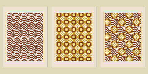 Trio of vintage inspired geometric art prints in sepia tones evoke a sense of nostalgia and handcrafted elegance with their textured patterns