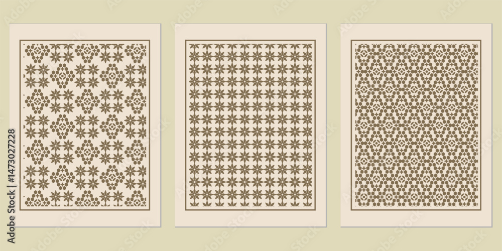 Poster elegant collection of symmetrical patterns featuring geometric floral elements, presented on separat