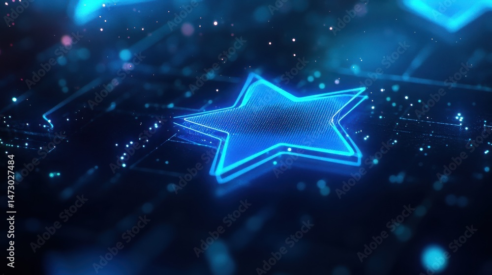 Aufkleber a glowing blue star with neon outlines on a dark background with scattered light particles and circu