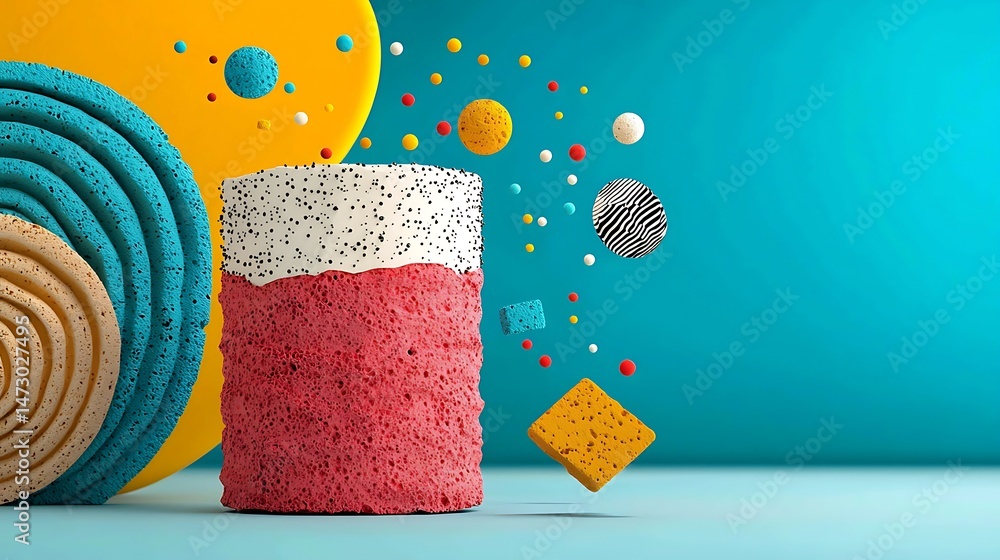 Poster abstract geometric 3d render with pastel colors and floating shapes