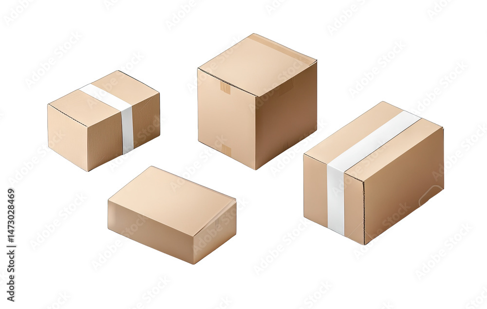 Poster four cardboard boxes of various sizes sealed with white tape arranged on a transparent background