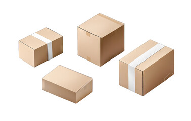 Fototapeta premium Four Cardboard Boxes Of Various Sizes Sealed With White Tape Arranged On A Transparent Background