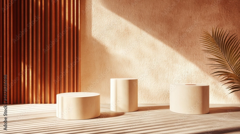 Aufkleber minimalist product display setting with three podiums in sunlight casting shadows on the floor and w