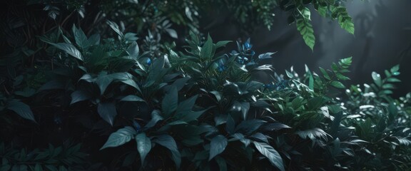 Intricate dark foliage, vibrant emerald & sapphire leaves, illustration, midnight, exotic