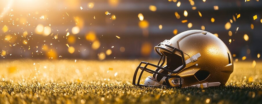 Golden football helmet on a grassy field