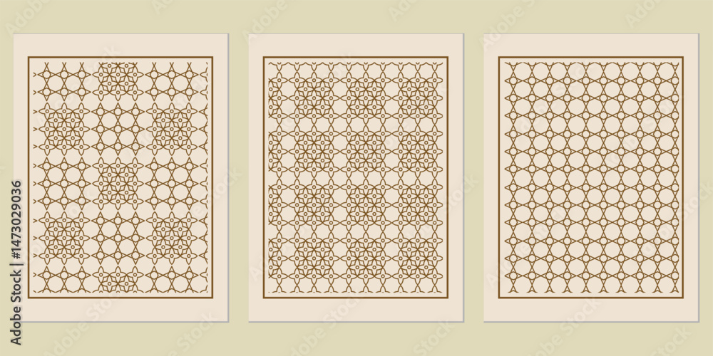 Poster abstract trio of geometric star patterns in frames, reminiscent of classic islamic art forms and ide