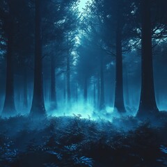 Obraz premium Dense forest with tall trees shrouded in thick blue mist creating a mysterious and serene atmosphere during twilight