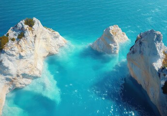 Bright turquoise ocean water surrounding large rugged white rock formations under clear sky