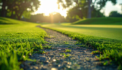 Green grassy landscape. Sun setting over the rolling hills