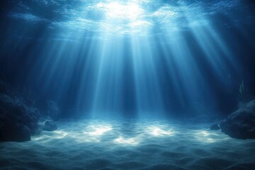 Fototapeta premium Sunlight penetrating clear blue ocean water illuminating sandy seabed with scattered rocks and underwater scenery