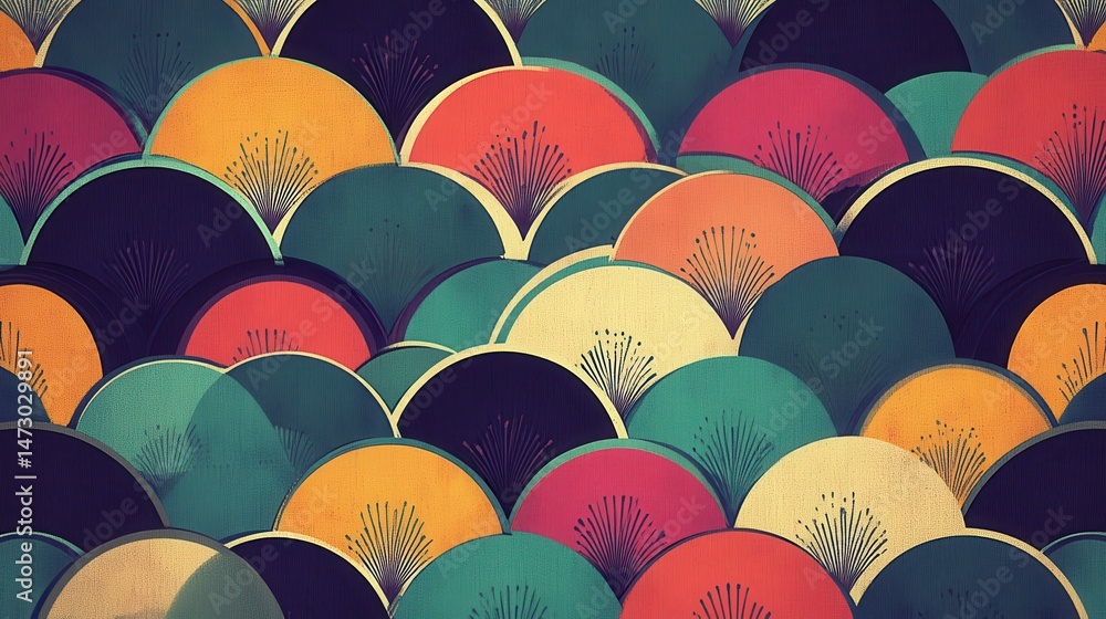 Poster abstract pattern of overlapping colorful semicircles with radial lines in a retro style design